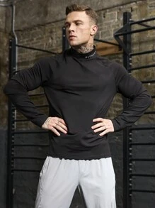 Gym Rark Men's Stand Collar Long Sleeve Letter Print Casual Sports T-Shirt, Minimalist Design - Black - View 4