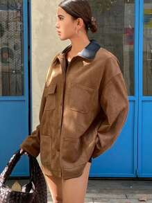 DAZY Color Block Loose Long Sleeve Collar Pocket Faux Suede Women's Regular Jacket