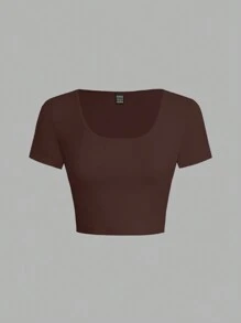 SHEIN EZwear Damska, swobodna, jednokolorowa, kwadratowa, obcisła koszulka z krótkim rękawem i kwadratowym dekoltem