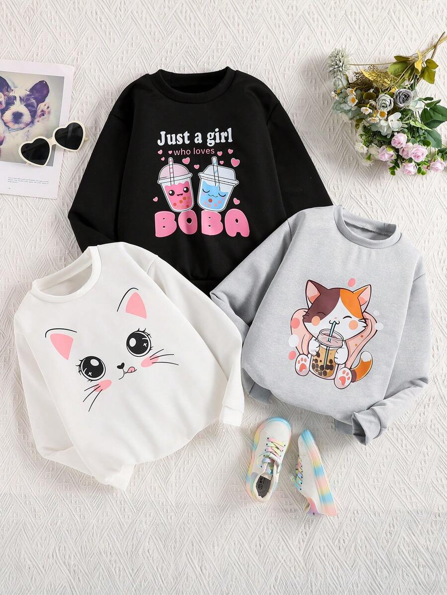 3 件套 Tween Girls 套装：图案印花圆领运动衫，休闲时尚，适合日常穿着 - 彩色 - 查看 1