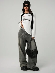 SHEIN EZwear Women's Streetwear Graphics Color-Blocked Crew Neck T-Shirt