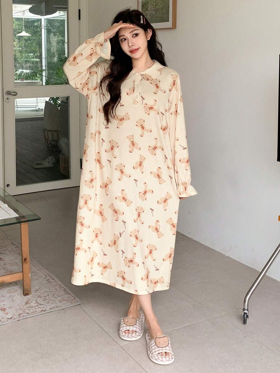 DAZY Cute Bear All-Over Print Loose Nightgown Pajama Fall,Winter - Apricot - View 1