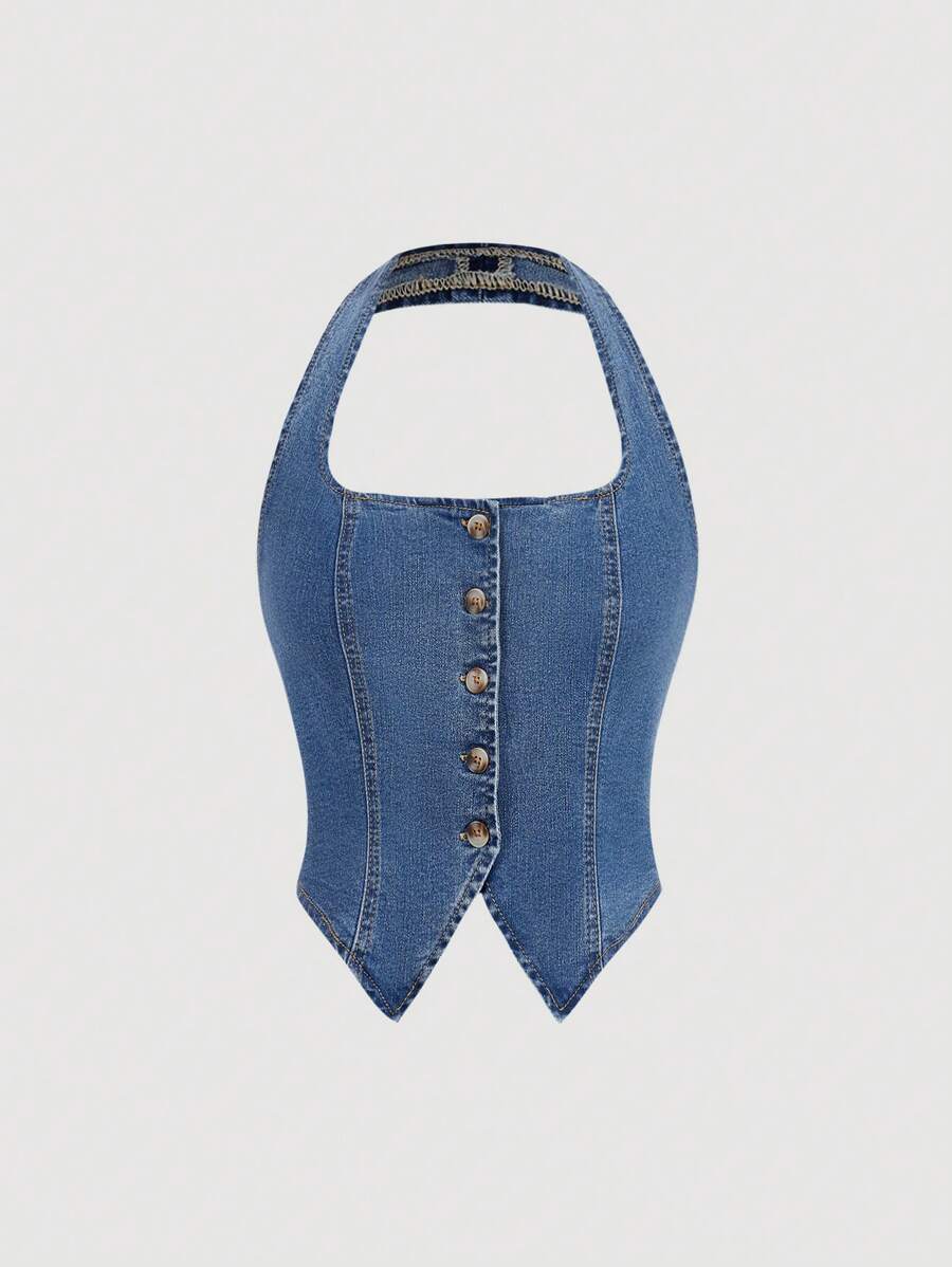 SHEIN MOD 女士休闲水洗纽扣式挂脖牛仔衬衫 - 中等水洗藍 - 查看 1