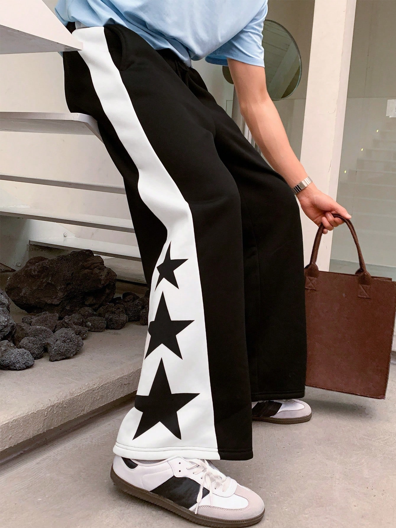 Autumn/Winter Men's Warm Thermal Lined Straight-Leg Pants, Colorblock Star Print Retro Loose Casual Sweatpants