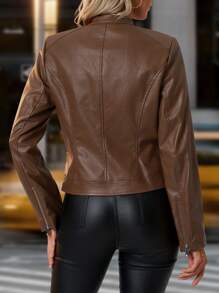 Solivie PU Leather Fitted Zipper Crop Jacket, Thermal Lined In Fall/Winter