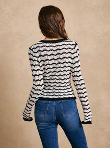 Poéselle Cárdigan de punto de manga corta de corte ceñido con contraste de colores, rayas onduladas y calado, de estilo casual para primavera/verano - Moda primaveral, blusas de mujer para verano