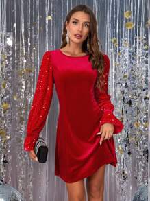 SHEIN Clasi Women's Sequin Sleeve Crew Neck Dress, Suitable For Christmas