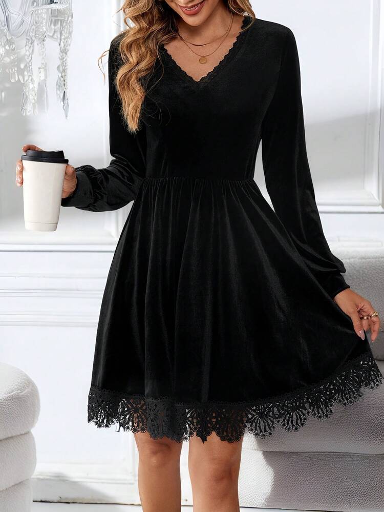 Christmas Clothes Women Women's Solid Color Contrast Lace V-Neck Long Sleeve Elegant Short Dress