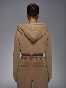 MISSGUIDED Distressed Zip Up Cropped Hoodie Vintage Style Frayed Edges Casual Athletic Loungewear Fall Winter Streetwear Raw Hem Active Apparel - Rust Brown - View 3