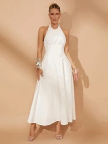Lumalex Summer Vacation Bohemian BOHO Sea Beach Hot Outdoor Richly Layered Wedding Season Banquet Coming Of Age Ceremony Beach Seaside Spring Holiday Party Banquet Wedding Elegant High-End Waist Cinching Backless Halter Long Dress For Women - White - View 1