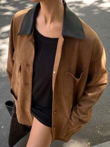 DAZY Color Block Loose Long Sleeve Collar Pocket Faux Suede Women's Regular Jacket