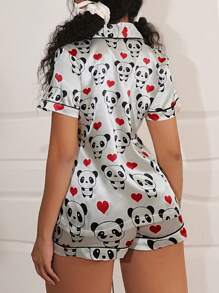 SweetSlumber Cute Panda Ins Style Heart Pattern Satin Collar Ladies Pajama Set