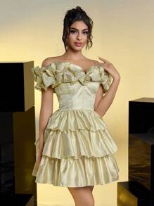 SHEIN Belle Elegant Sexy Romantic Golden Shiny Organza Off Shoulder Three-Dimensional Pleats Cake Dress For Date, Birthday Party, Wedding Event, Bachelor Party, Prom Dress, Wedding Guest Dress