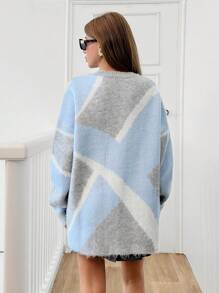 EURMUSE Women Round Neck Hairy Warm Cozy Yarn Asymmetrical Pattern Sweater - Light Grey - View 2