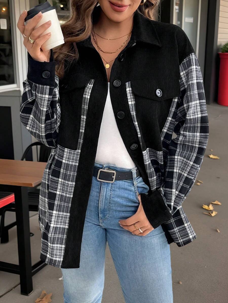 SHEIN LUNE 大码女式拼布格子长袖单排扣口袋休闲夹克，秋季感恩节女式新年冬装女式热卖，办公室穿着 - 彩色 - 查看 1