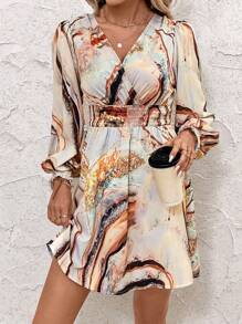 SHEIN Clasi 抽象印花 V 领长袖短款女装连衣裙，秋冬女装连衣裙长袖女装度假装女士 - 彩色 - 查看 6
