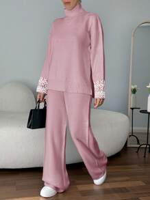 EURMUSE Women Solid Color High Neck Sleeve Detailed Sweater & Sweater Pants Set - Baby Pink - View 4