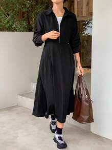 DAZY Damen einfarbiges Reißverschluss-Halbplakette Langarm-Kleid, Frühling/Herbst - Schwarz - Übersicht 7