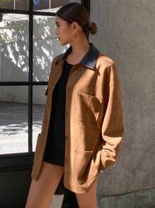 DAZY Color Block Loose Long Sleeve Collar Pocket Faux Suede Women's Regular Jacket