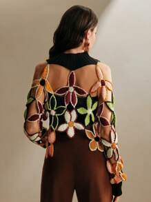 Anewsta 女士立领镂空长袖花卉刺绣毛衣，休闲日常针织套头衫，秋冬款 - 黑色 - 查看 3