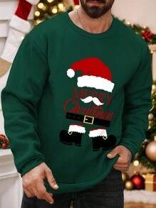Manfinity Homme 1pc Men Plus Size Christmas Hat & Letter Print Christmas Crew Neck Sweatshirt, Casual For Daily Wear, Autumn/Winter Party Crew Neck Graphic Long Sleeve Forest Green Sweatshirt, For Friends, Husband, Boyfriend Gifts