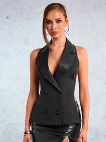 SHEIN SXY New Year's Wedding Season Party Elegant Casual Sexy Nightclub Valentine's Day Date Commute Black Short Big Backless Double Breasted Satin Stitching Sleeveless Suit Blazer