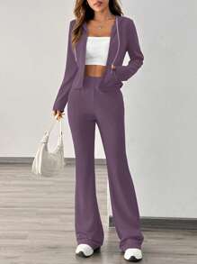 Chiquease Stylish Casual Sports Outfit For Women, 2pcs Set Fashion Hoodie Sweatshirt Jacket And Wide Leg Pants, Autumn