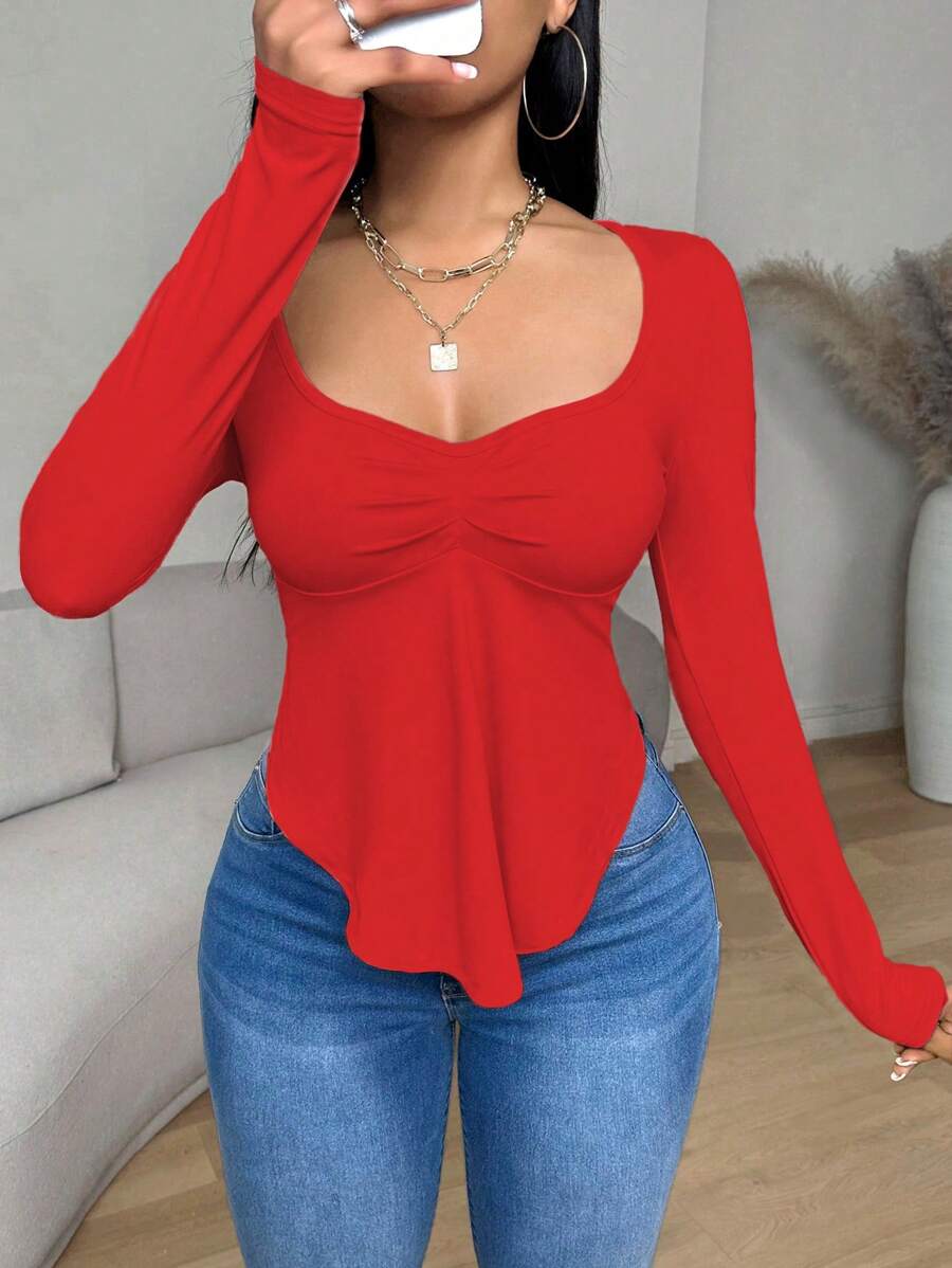 VaVaBold 纯色INS新品方领长袖荷叶边下摆不对称下摆女休闲T恤秋季女装新年衣服