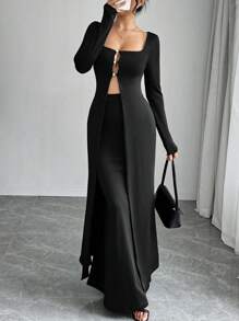 Chiquease 女士秋季纯色方领长袖镂空长上衣和长裙套装，时尚两件套服装