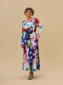 SHEIN VCAY Vestito con coulisse in stile acquerello e Tintura a nodi, taglie comode, girocollo, maniche lunghe, vestito aderente in maglia, adatto per vacanze, spiaggia, festa, stile occidentale - Multicolore - Visualizzare 6