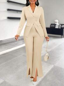 SHEIN Clasi Women Front Button Long Sleeve Minimal Top And Pants Casual Suit Set - Khaki - View 4