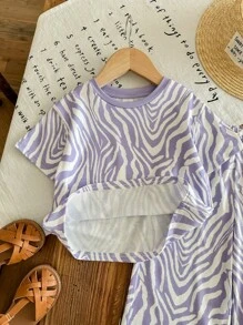SHEIN LMoss Kids LMoss 女婴夏季可爱针织紫色斑马条纹短袖 T 恤和松紧腰裤两件套服装