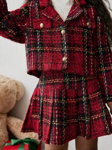 Maija Kids Maija Kids 3 pièces Ensemble jeune fille veste en tweed épaisse, jupe plissée et chapeau, décontracté - Rouge - Voir 8