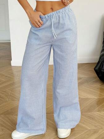 SHEIN Pantalon ample à rayures avec cordon de serrage pour adolescentes