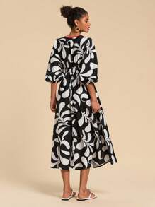 Travachic 2-Tone Printed Lace-Up Casual Daily Dress, Simple & Stylish