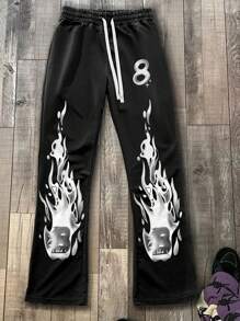 Manfinity Roghcode Graphic Men, Men's Digital Flame Print Drawstring Waist Loose Street Flared Trousers, Young Street Wear - Black - View 1