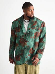 Manfinity VCAY Plus Size Men's Loose Floral Woven Long Sleeve Blazer, For Fall Winter - Multicolor - View 2