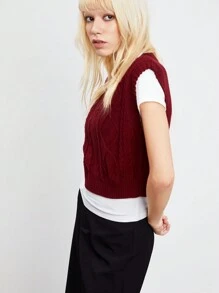 TRNVIE Women's Solid V-Neck Casual Loose Sweater Vest, Autumn/Winter - Burgundy - View 4