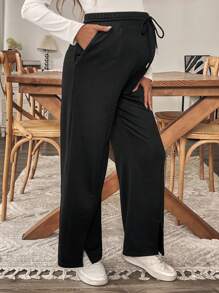 SHEIN Pantalones holgados de maternidad de unicolor con cintura ajustable y abertura lateral - Negro - Ver 7