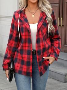 INAWLY Chemise à capuche casual à manches longues, à carreaux, à simple boutonnage pour femmes, automne