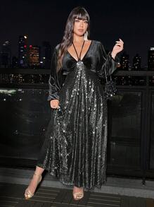 Allurite 大码女式亮片拼接挂脖长袖优雅长款派对连衣裙 - 銀色 - 查看 3