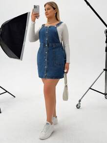 RueChic Plus Slant Pocket Button Front Overall Denim Dress - Medium Wash - View 4