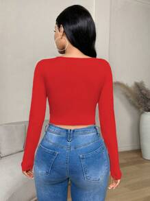 VaVaBold 纯色INS新品方领长袖荷叶边下摆不对称下摆女休闲T恤秋季女装新年衣服