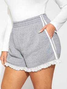 SHEIN SXY Plus Size Women Grey & White Woven Trim Lace Decor Loose Shorts
