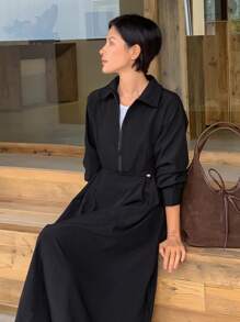 DAZY Damen einfarbiges Reißverschluss-Halbplakette Langarm-Kleid, Frühling/Herbst - Schwarz - Übersicht 4
