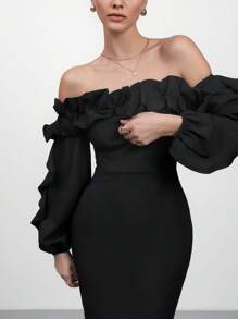 CLARA VERO Women Mid-Length Ruched Ruffle Romantic Elegant Ruffle Trim Waist Dress - Black - View 4