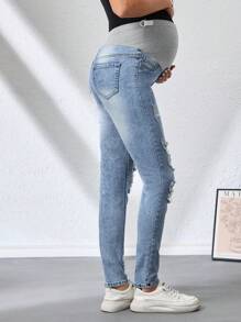 SHEIN Maternity Distressed Skinny Stretch Denim Jeans - Light Wash - View 2