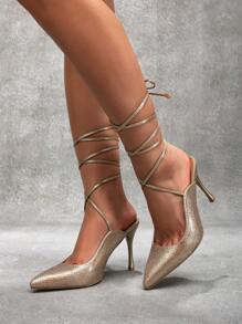 CUCCOO SZL Crystal Rhinestone Ankle Strap Pointed Toe Stiletto Heels, Sexy Rose Gold Party Style Valentine's Day - Rose Gold - View 1
