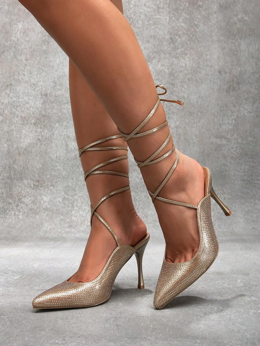 CUCCOO SZL Crystal Rhinestone Ankle Strap Pointed Toe Stiletto Heels, Sexy Rose Gold Party Style Valentine's Day - Rose Gold - View 1
