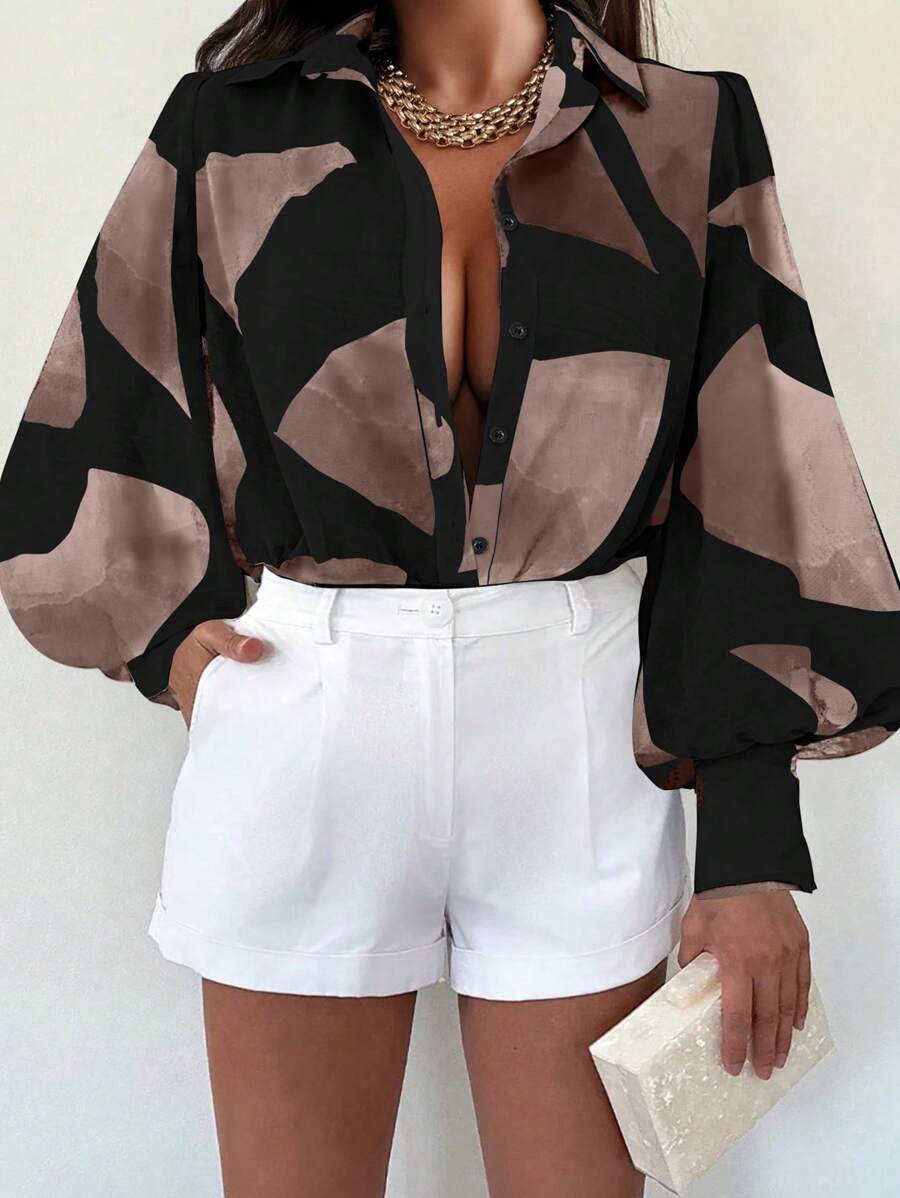 Calvaya Camisa de manga farol con estampado aleatorio de color contrastante para tallas grandes, de otoño - Multicolor - Ver 1